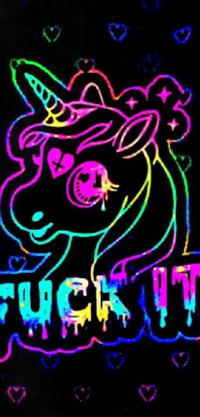 Colorful neon unicorn artwork with bold typography on a dark background.