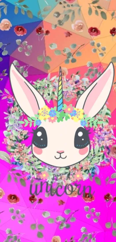 Colorful unicorn bunny with floral crown on vibrant geometric background.