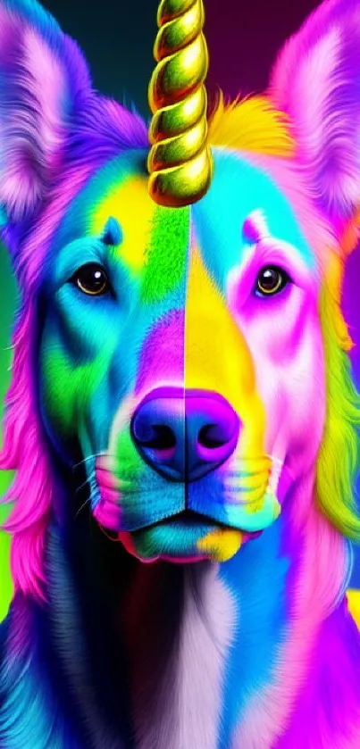 Vibrant neon unicorn dog digital artwork.