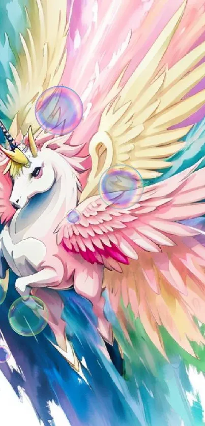 Fantasy unicorn with colorful wings wallpaper.