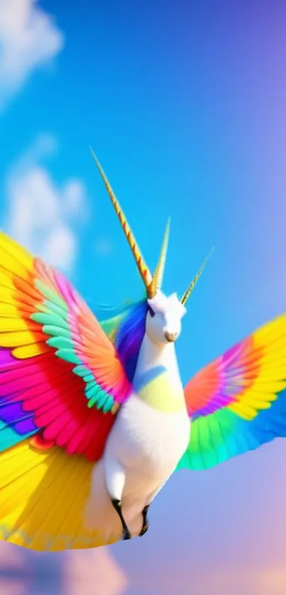 Colorful unicorn with rainbow wings in a magical scene.