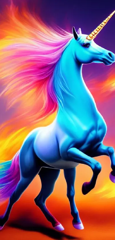 Colorful blue unicorn with fiery mane in fantasy art style.