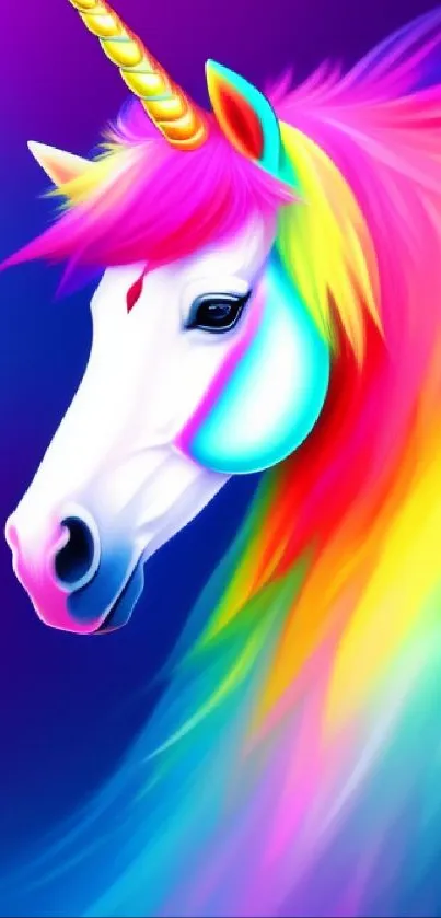 Vibrant unicorn with rainbow mane on a purple background.