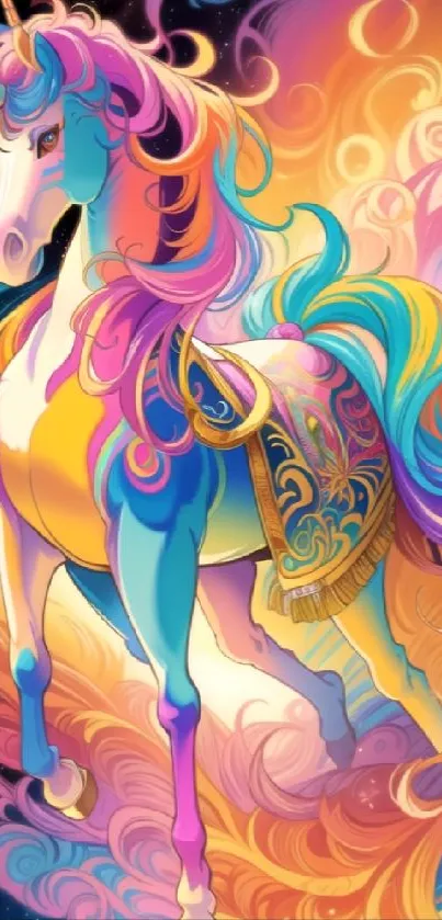 Vibrant unicorn with colorful swirls in a fantasy wallpaper for mobile.