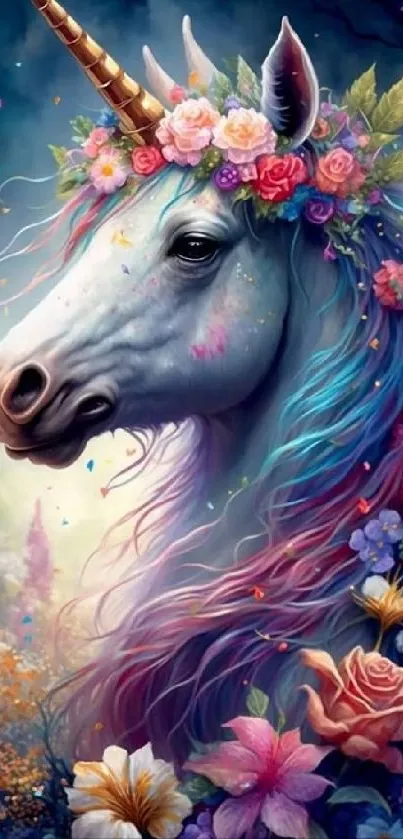 Colorful unicorn with floral crown in fantasy scene.