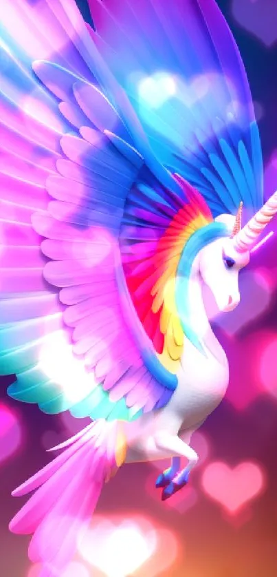 Colorful unicorn with rainbow wings in fantasy art wallpaper.