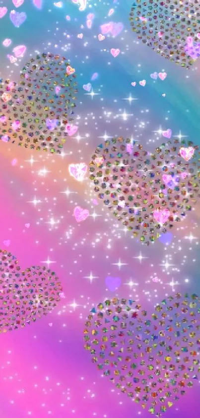 Vibrant unicorn with rainbow mane and sparkling hearts wallpaper.