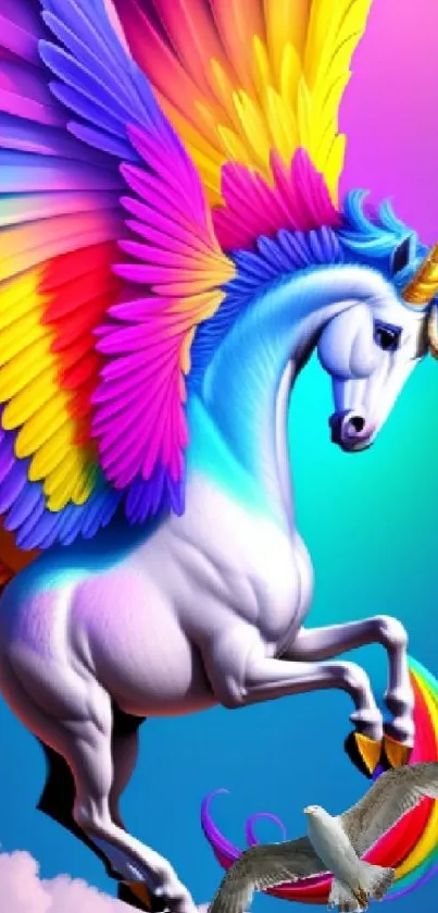 Vibrant rainbow-winged unicorn flying in a colorful sky.