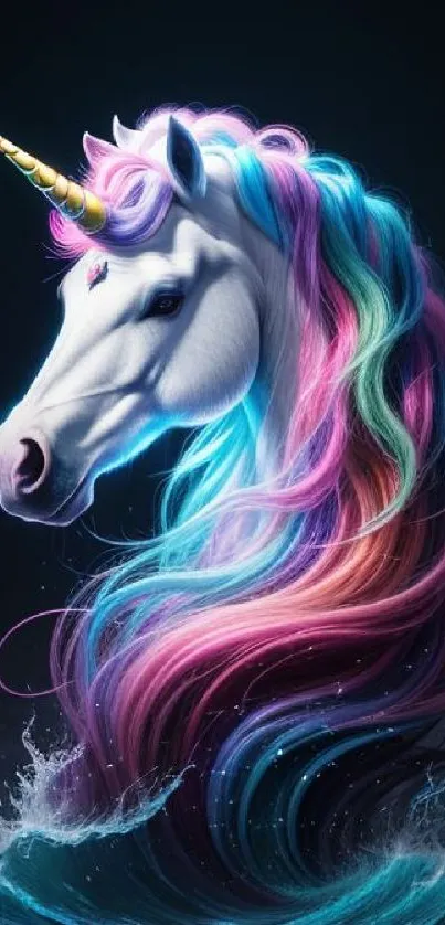 Majestic unicorn with rainbow mane, fantasy art wallpaper.