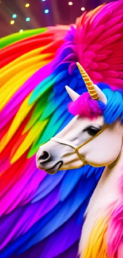 Vibrant unicorn with rainbow feathers.