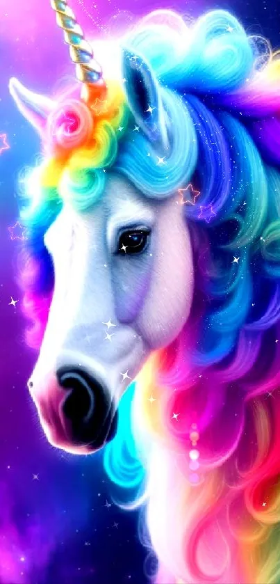 Colorful unicorn with rainbow mane against a cosmic background.