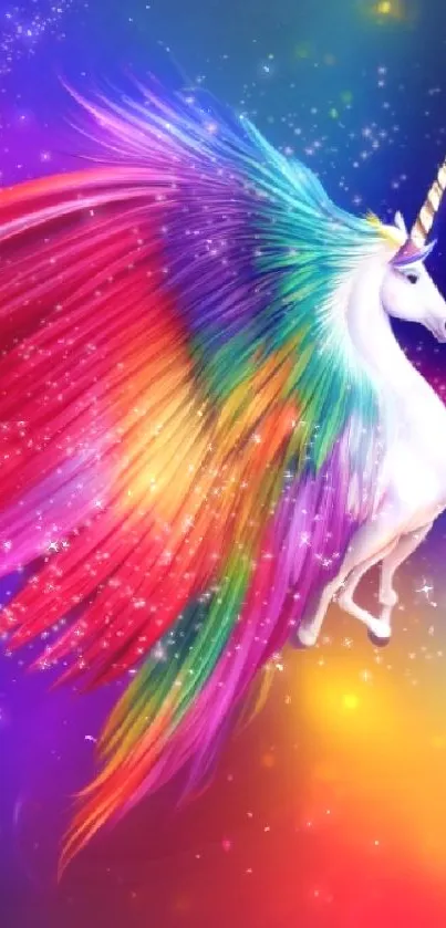 Colorful unicorn with rainbow wings on a vibrant fantasy background.