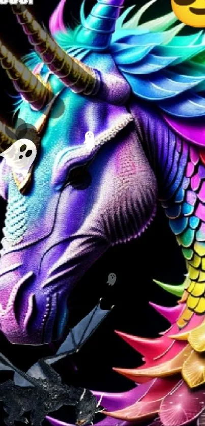 Vibrant unicorn and dragon fantasy art with colorful scales and horns.