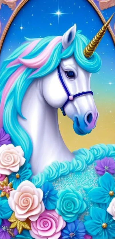 Fantasy unicorn wallpaper with vibrant florals and magical colors.