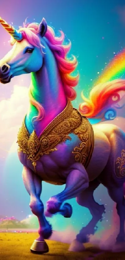 Vibrant unicorn with rainbow mane and clouds in fantasy art wallpaper.