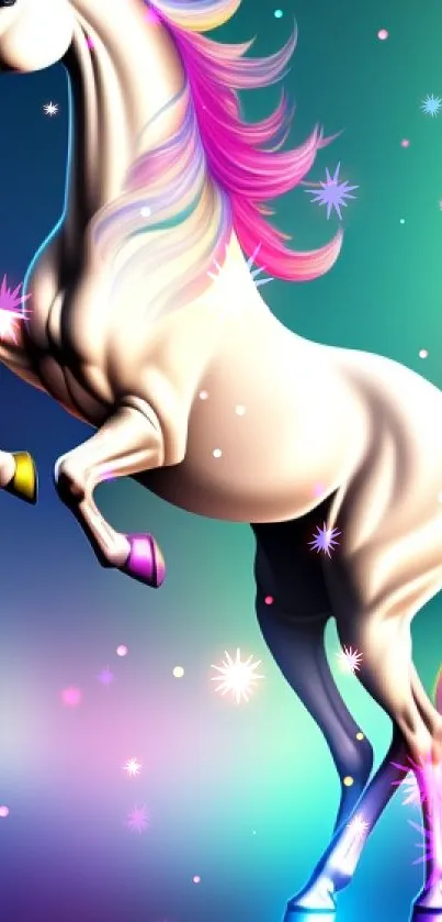 Colorful unicorn with sparkles on a gradient background.