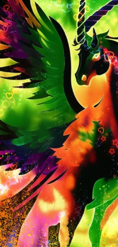 Vibrant unicorn fantasy wallpaper with colorful wings and magical aura.