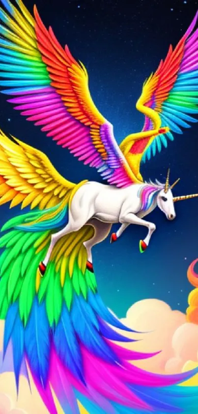 Vibrant unicorn with rainbow wings against a celestial background.