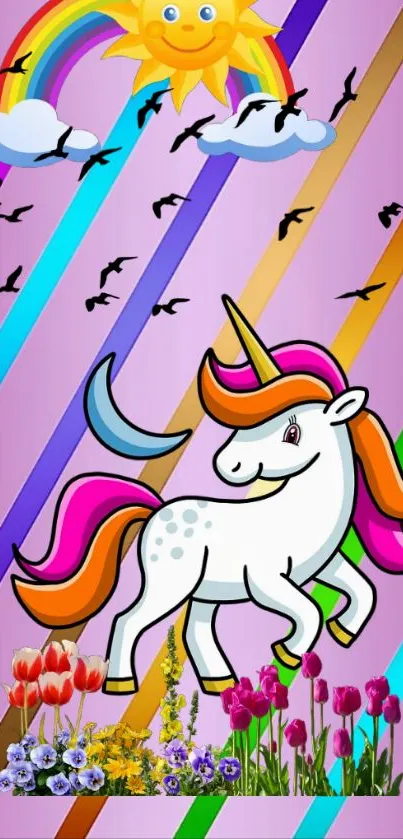 Colorful unicorn fantasy wallpaper with rainbow and sun.