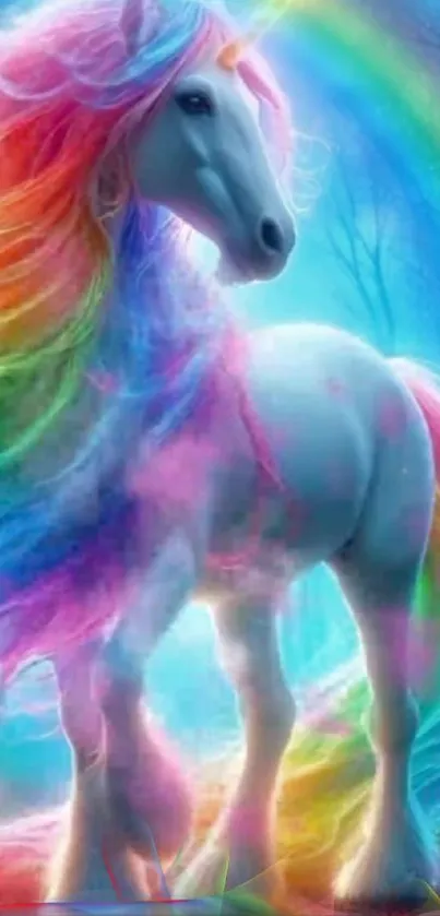 Vibrant unicorn with rainbow mane in a mystical blue forest setting.
