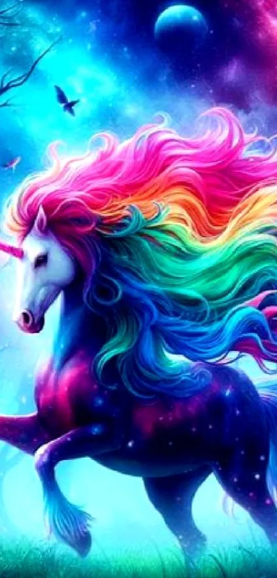 Colorful unicorn in a fantasy forest night scene.