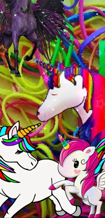 Colorful unicorns and rainbow theme mobile wallpaper.