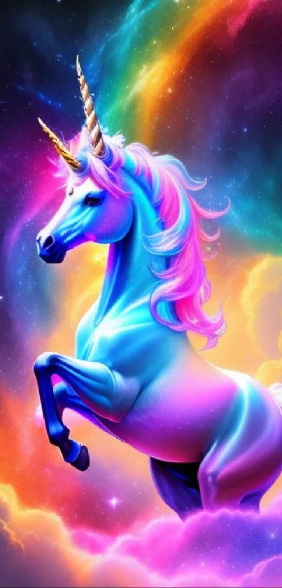 Vibrant unicorn flying through colorful clouds and starry sky.