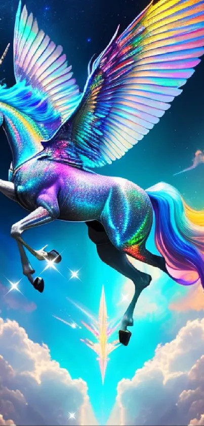 Colorful unicorn with radiant wings soaring through a magical sky.