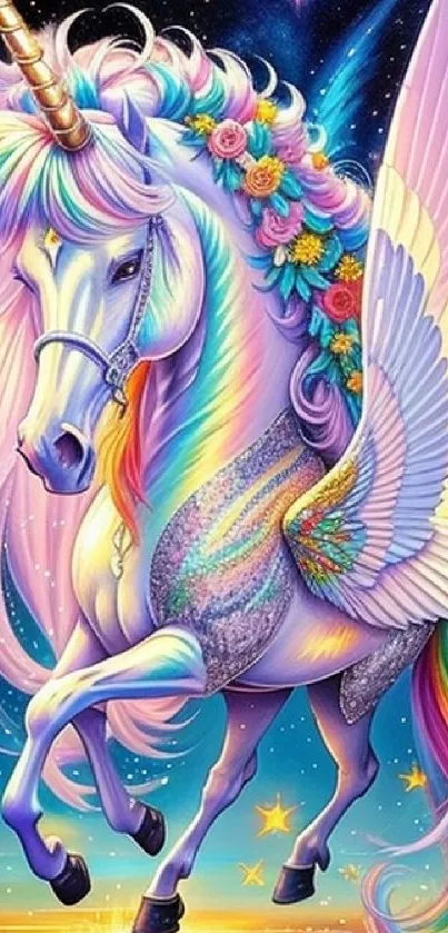 Fantasy unicorn with rainbow wings against a starry night sky in vibrant colors.