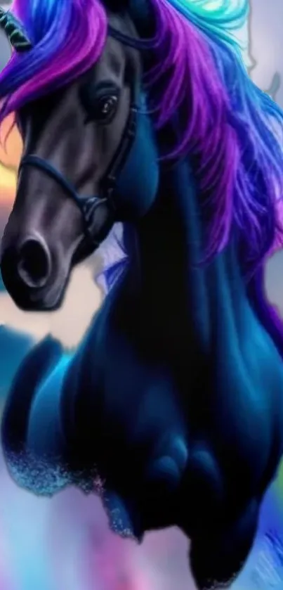 A vibrant unicorn with a colorful mane against a dreamy sunset backdrop.