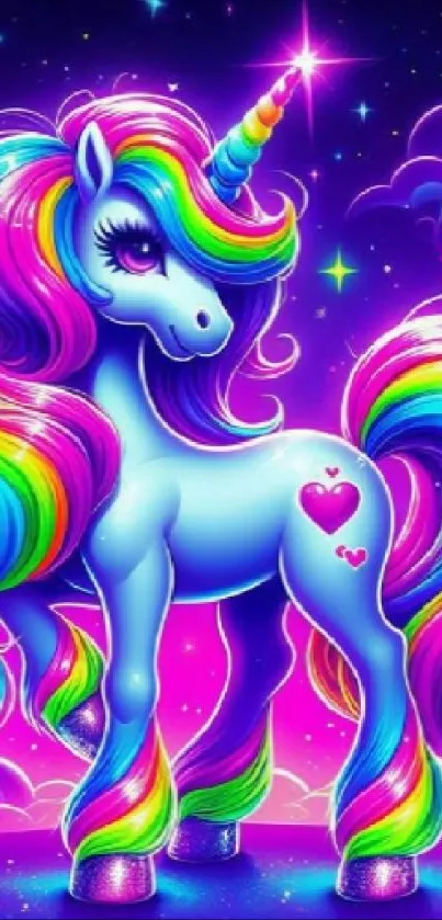 A vibrant unicorn with rainbow mane on a purple background.