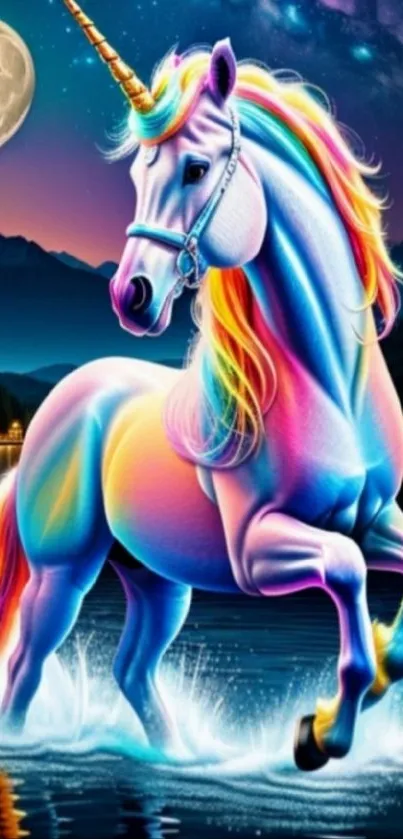 Colorful unicorn with a rainbow mane under a moonlit night sky.