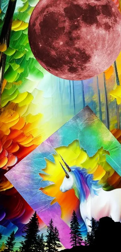Vibrant fantasy wallpaper with unicorn, colorful sky, and mystical moon.