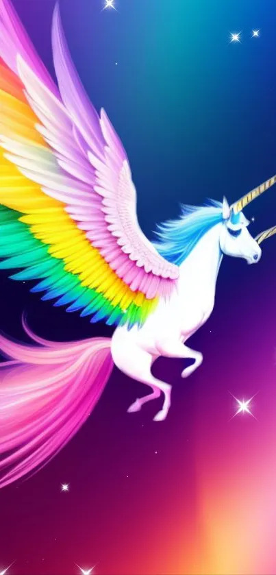 Vibrant rainbow-winged unicorn on a starry, cosmic purple background.