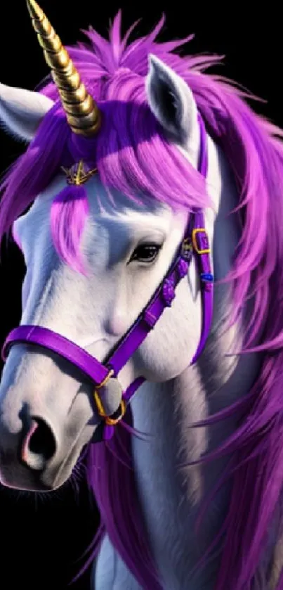 White unicorn with purple mane and golden horn on a black background.