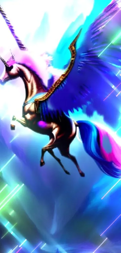 Colorful unicorn with wings in a mystical fantasy scene.