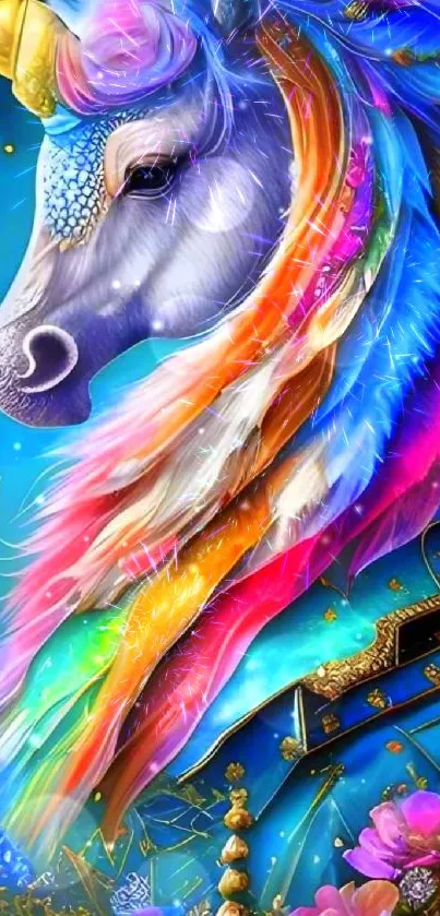 Vibrant unicorn on a blue fantasy background.