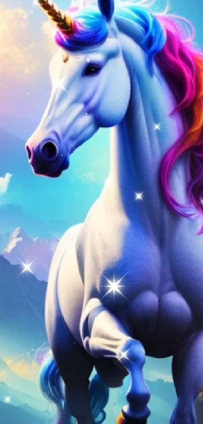 A vibrant unicorn with a colorful mane against a mountainous landscape.