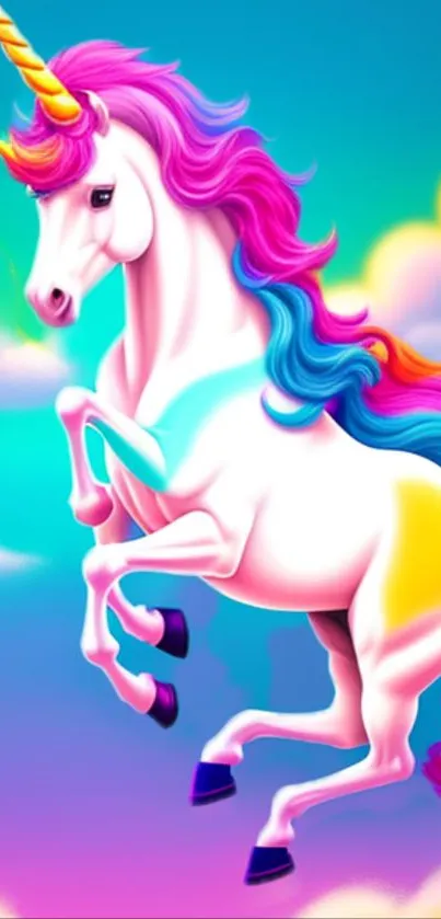 Colorful unicorn on cloudy sky background.