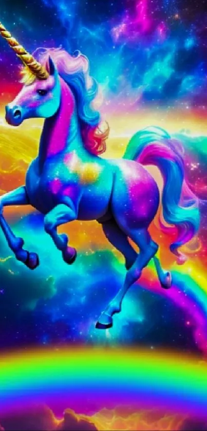 Vibrant unicorn prancing through a rainbow sky.