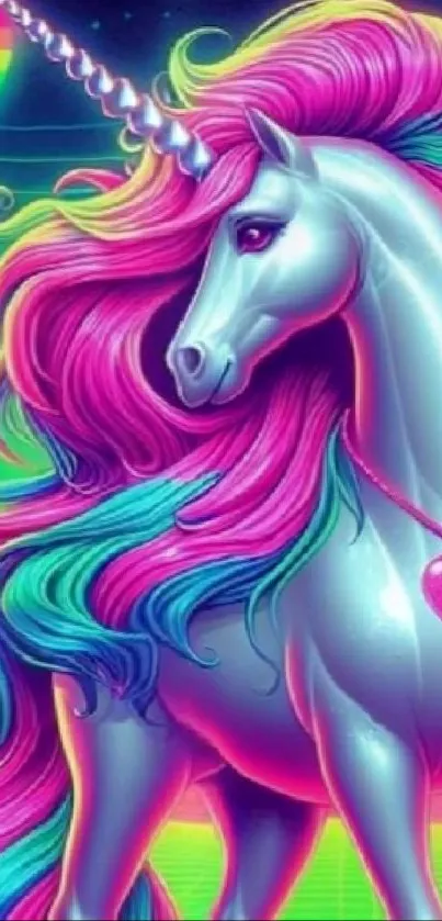 Vibrant unicorn with neon rainbow mane in a fantasy setting.