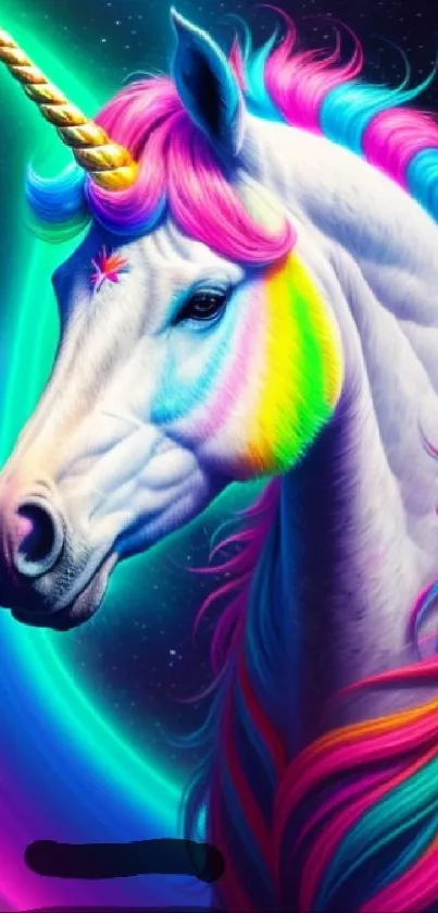 Colorful unicorn with neon mane on a vibrant fantasy background.