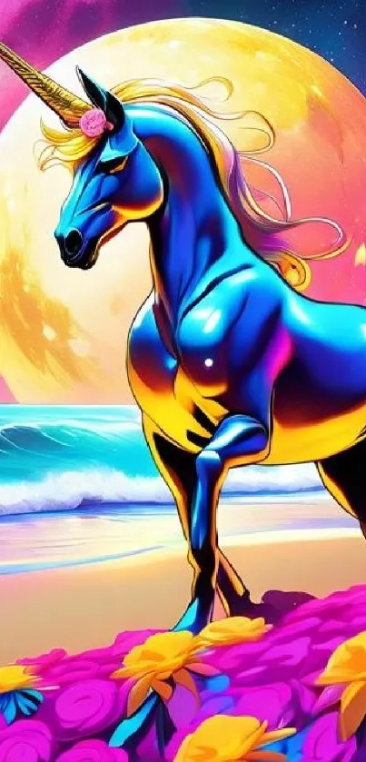 Vivid unicorn on a beach with a glowing moon and colorful flowers.