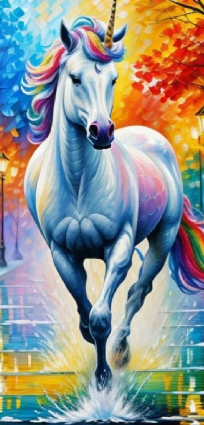 A vibrant unicorn on a colorful path under enchanting streetlamps.