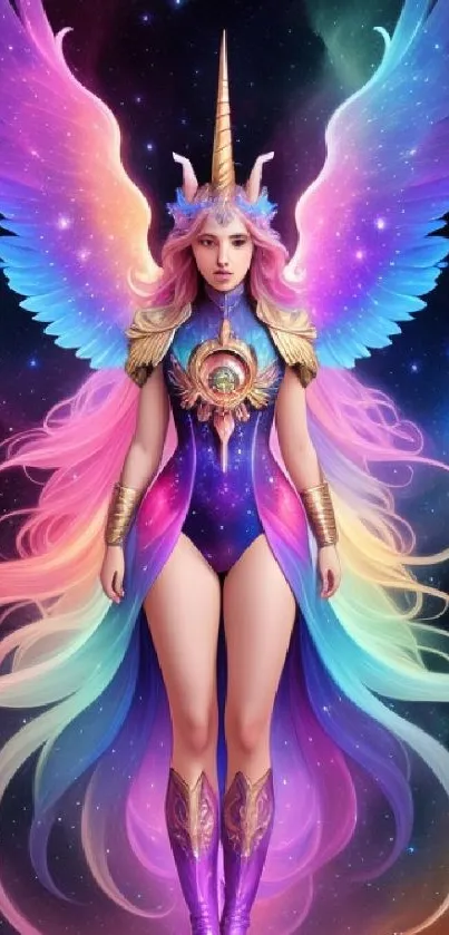 Colorful unicorn with galaxy wings in vibrant fantasy art wallpaper.