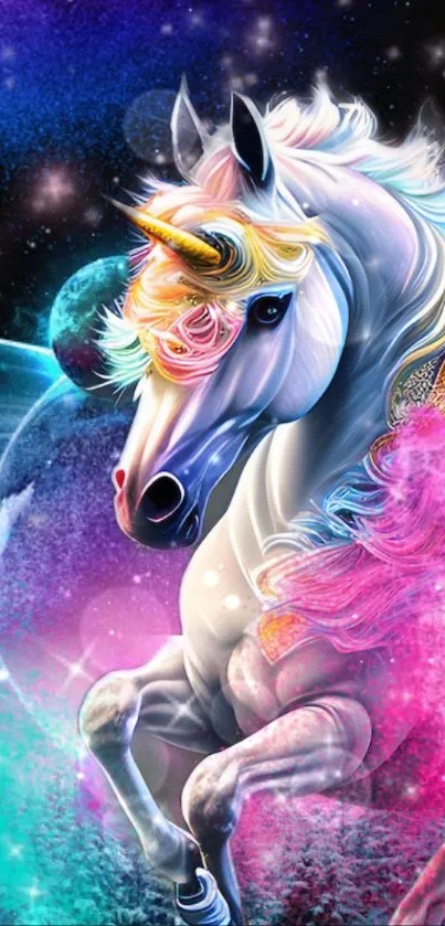 Vibrant unicorn in a galaxy backdrop with colorful nebula effects.