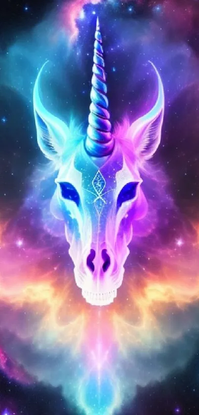 Vibrant unicorn art set in a colorful galactic background.