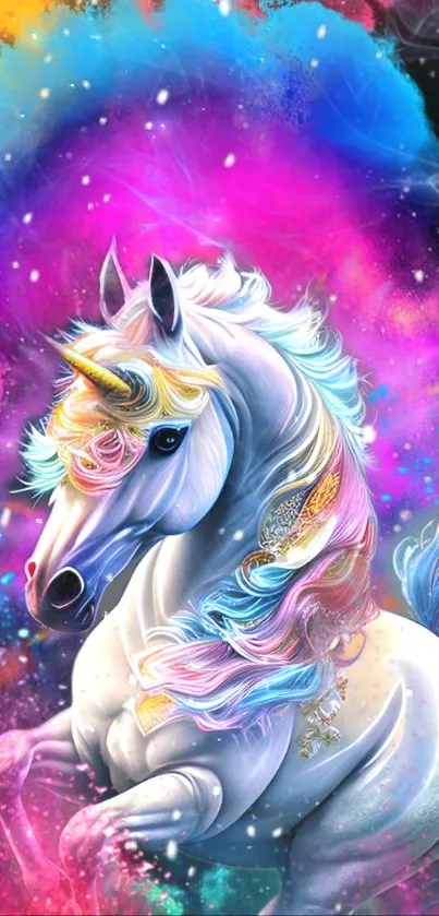 Vibrant unicorn in a colorful galaxy backdrop, blending fantasy and cosmic art.