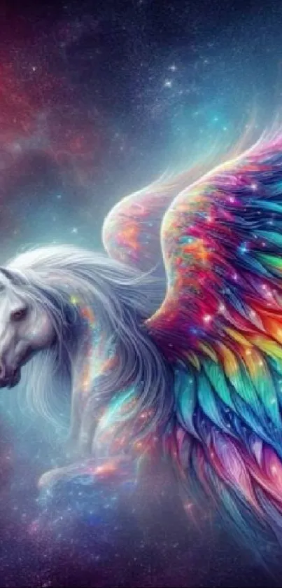 Vibrant unicorn with rainbow wings in a galaxy.