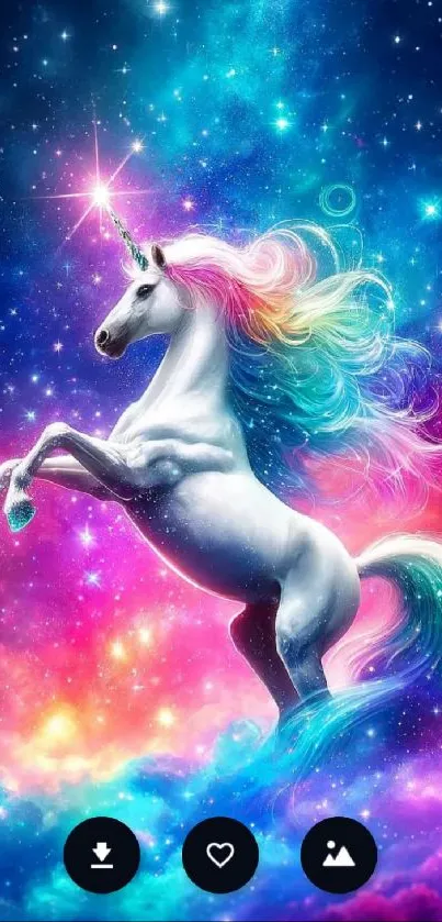 Beautiful cosmic unicorn with vibrant rainbow mane under a starry sky.